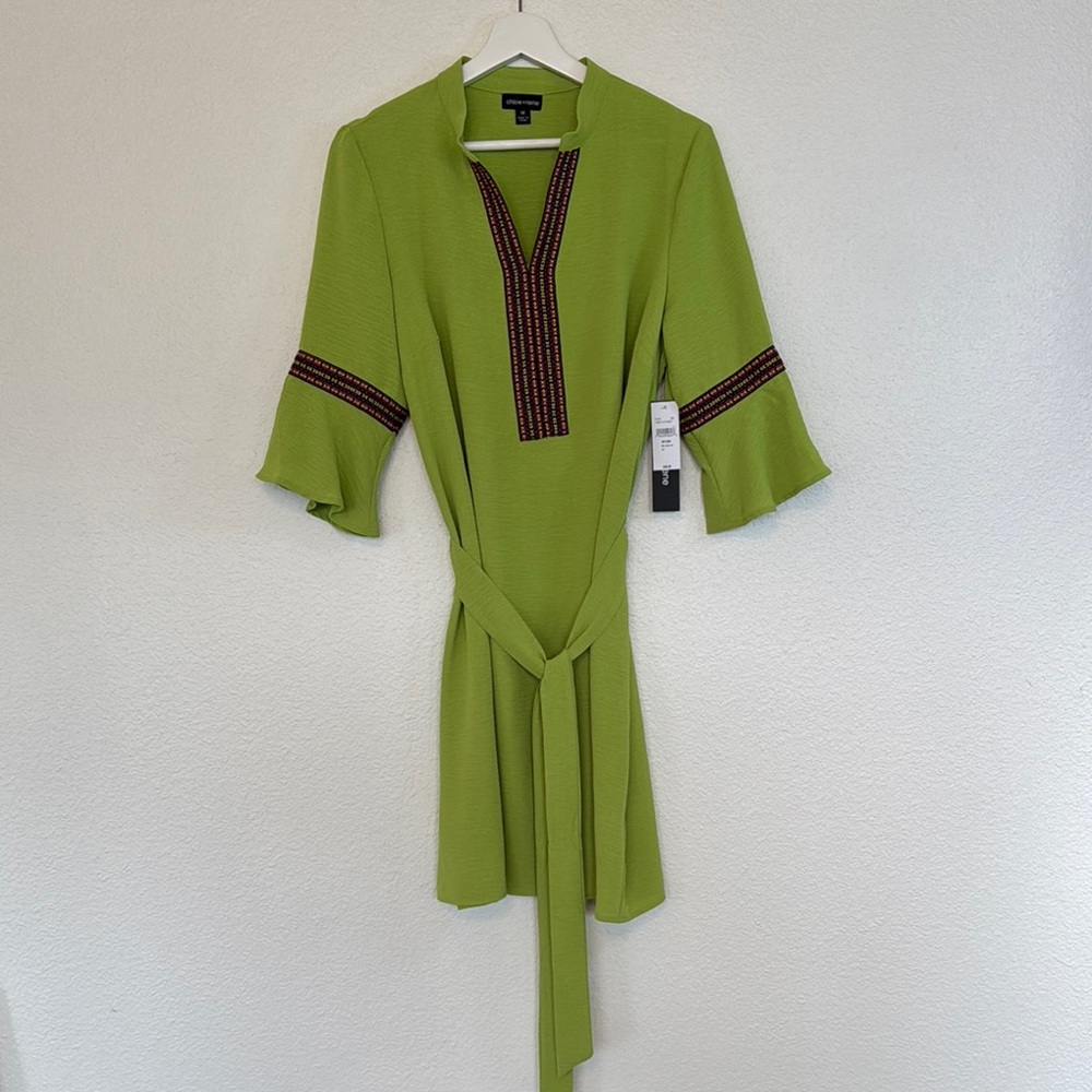 chloe + rene Tunic-style Green Dress with MultiColor Trim and Detached Tie Belt